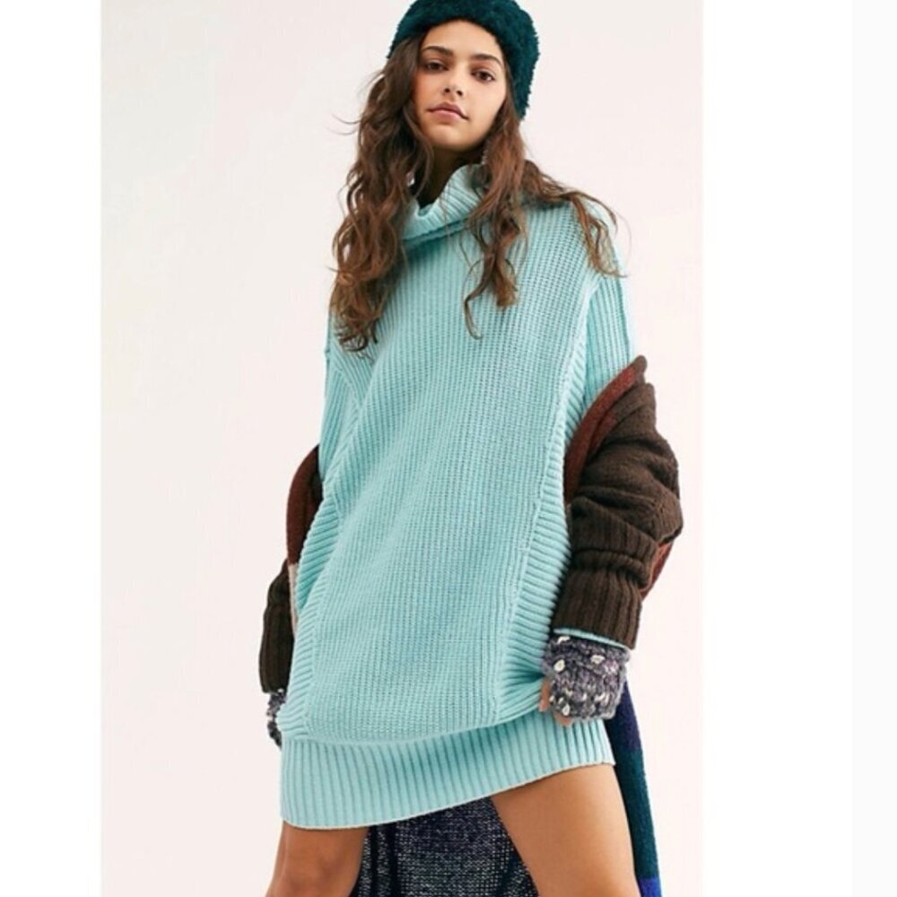 Free People Cocoa Sweater Slouchy Chunky Ribbed Turtleneck Oversized Turquoise M